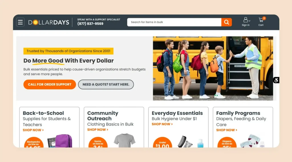 DollarDays wholesale catalog showing personal care and home goods for small businesses