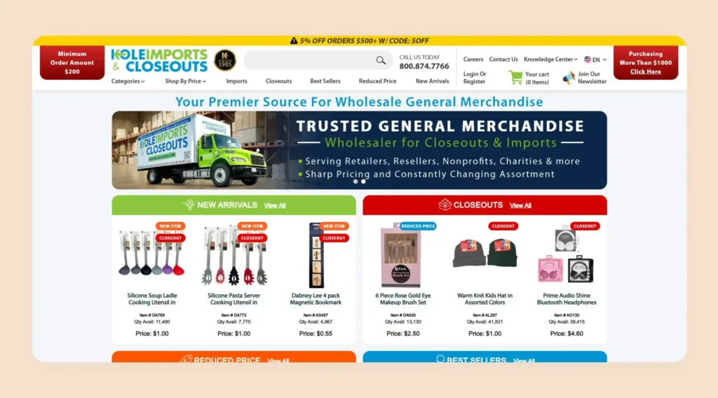 Kole imports wholesale merchandise homepage