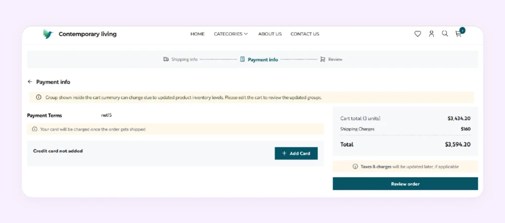 A checkout page of a B2B storefront created in WizCommerce