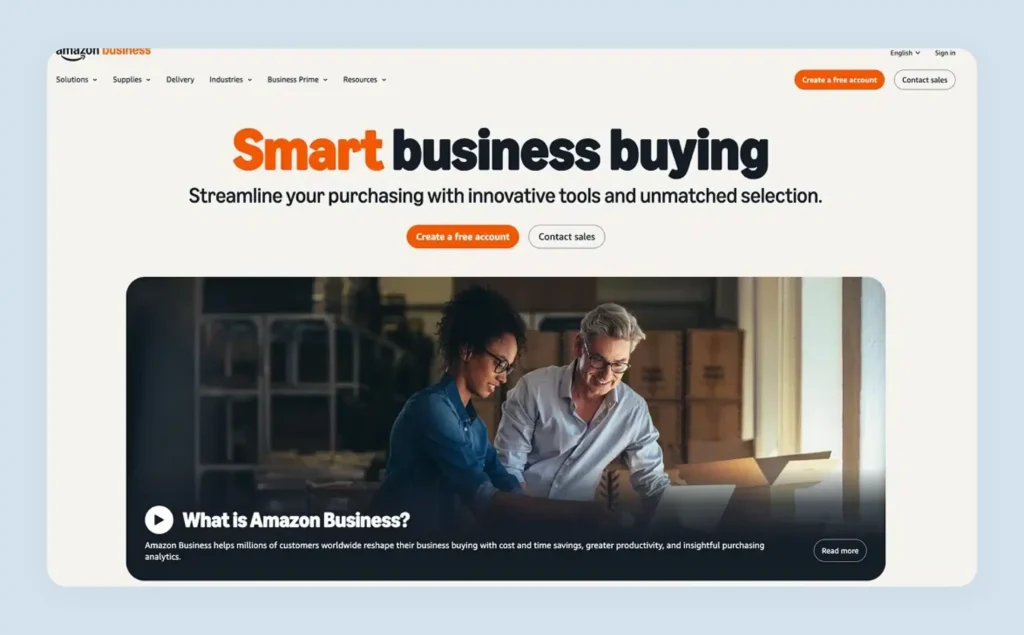 Amazon Business B2B ecommerce homepage showing benefit-focused procurement feature descriptions