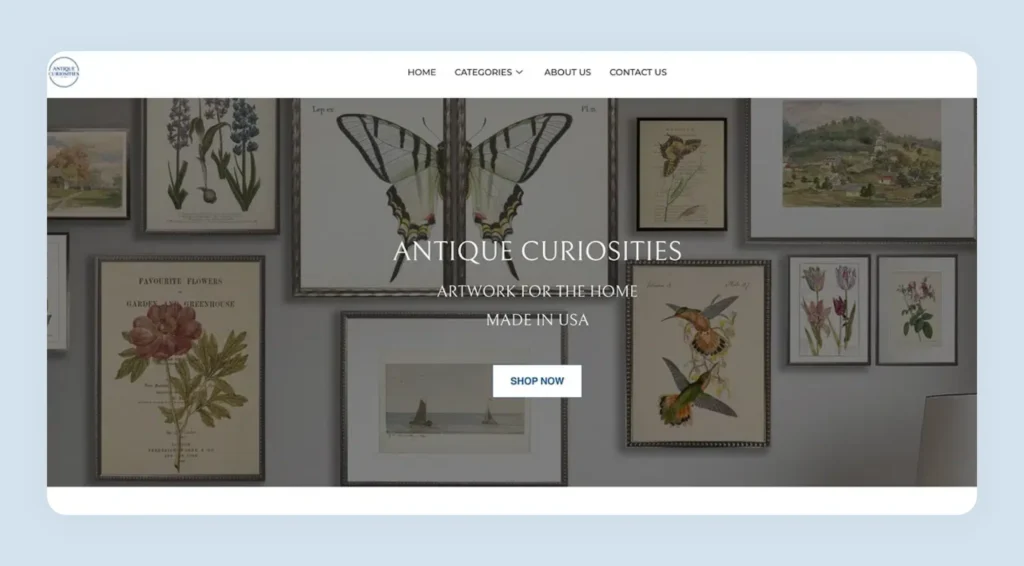 Antique Curiosities B2B ecommerce homepage with clear login and signup call to action