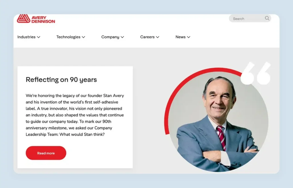 Avery Dennison labeling solutions B2B ecommerce homepage showing company values and global presence