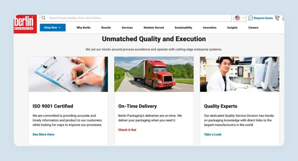 Berlin Packaging B2B ecommerce homepage showing company news and global supplier credibility stats