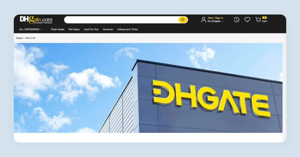 DHgate wholesale ecommerce platform homepage showing payment method logos and buyer options