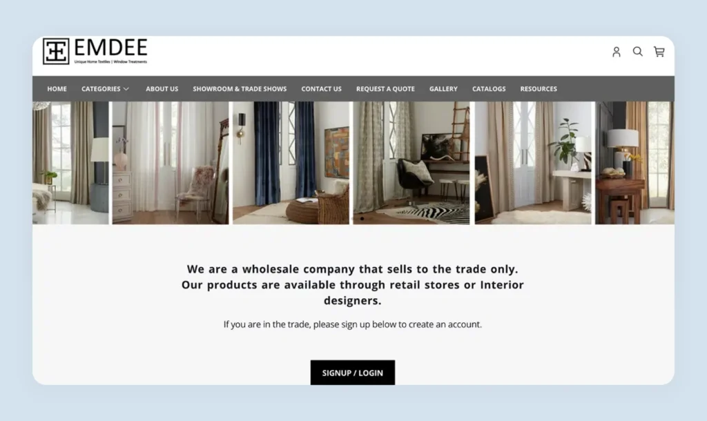 Emdee International wholesale website homepage with live Instagram feed and trade show dates