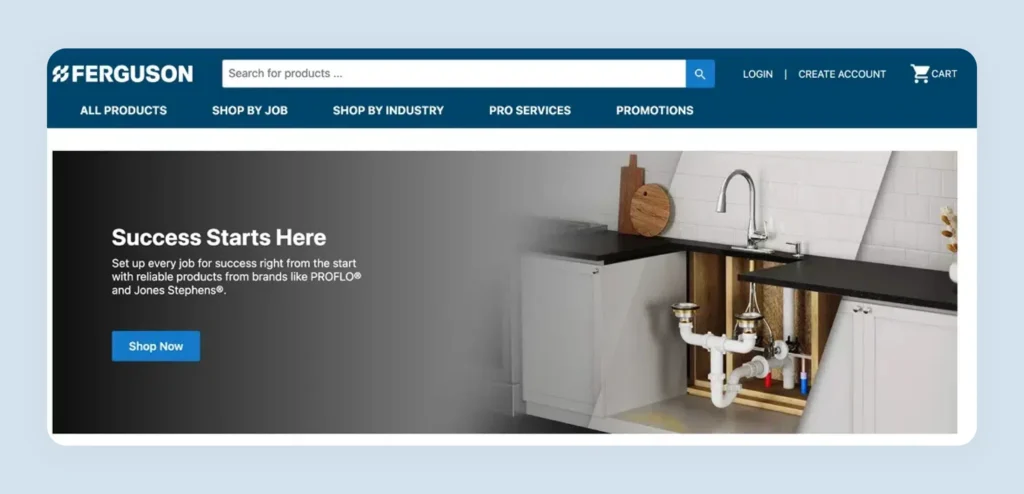 Ferguson wholesale and retail ecommerce website homepage with video content and product navigation