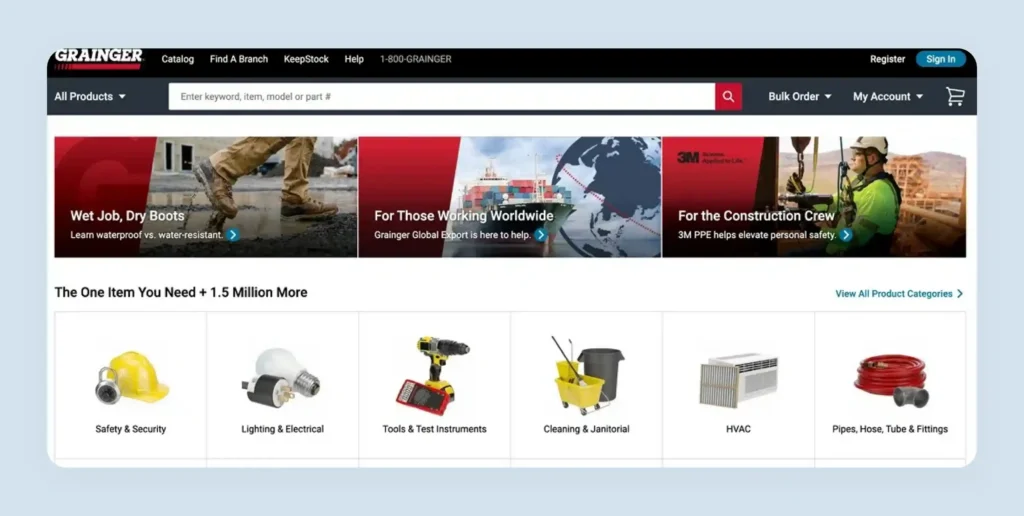 Grainger industrial supplies B2B ecommerce website showing bulk order navigation in main menu