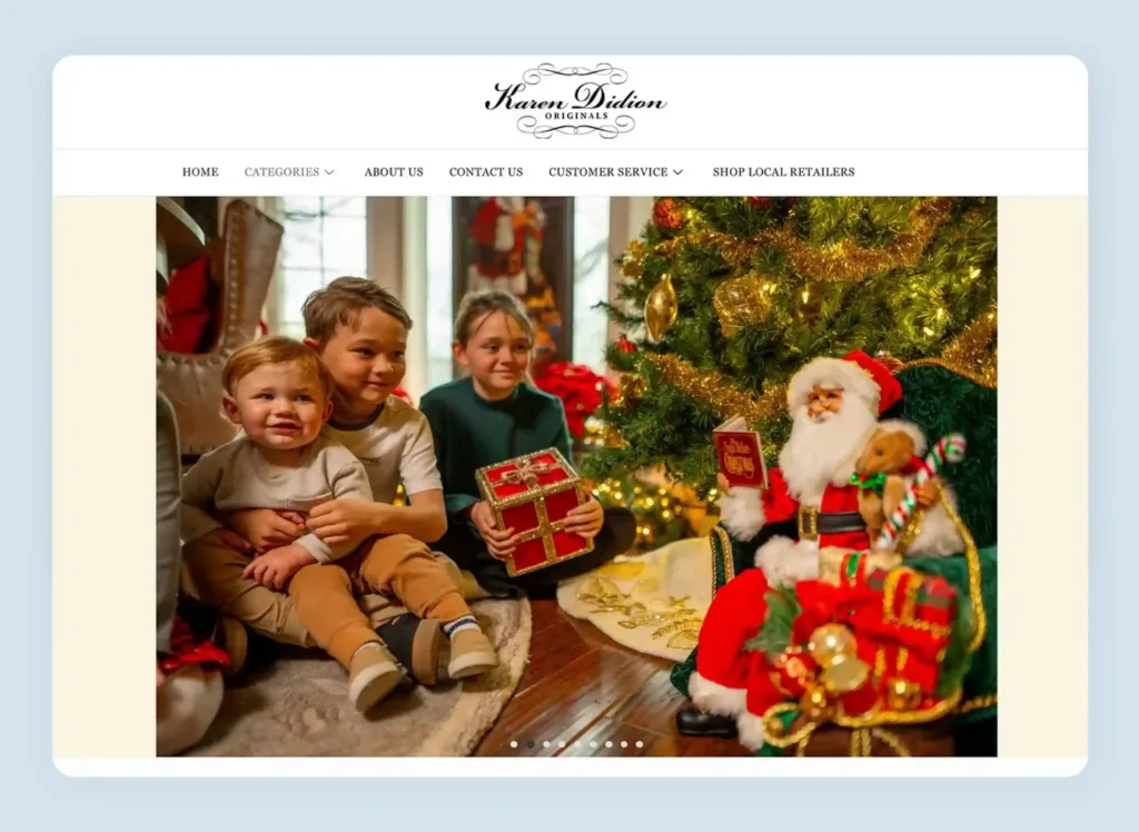 Karen Didion collectibles wholesale website homepage with product imagery and navigation