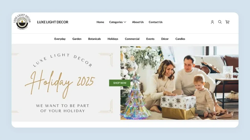 Luxe Light Decor ecommerce website with simple top navigation showing product category labels