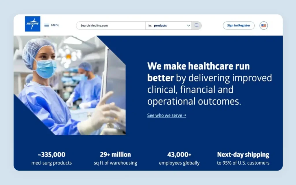 Medline medical supply B2B ecommerce website showing specialty-organized product catalog navigation