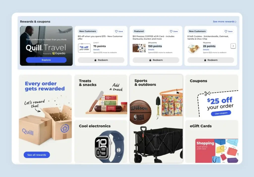 Quill office supply B2B ecommerce homepage with offer banners and loyalty rewards program visible