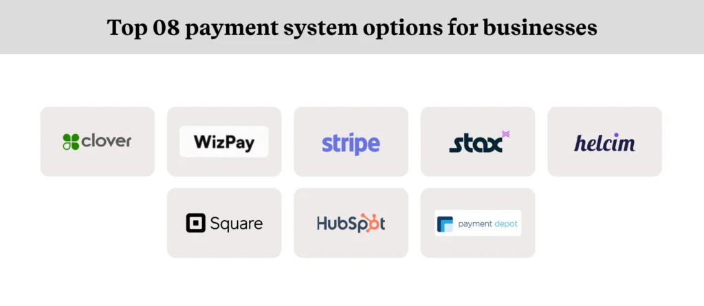 Payment systems for small businesses comparison featuring WizCommerce’s WizPay, Clover, Square, Stax, Stripe, and Helcim Payment systems for small businesses comparison featuring WizCommerce’s WizPay, Clover, Square, Stax, Stripe, and Helcim
