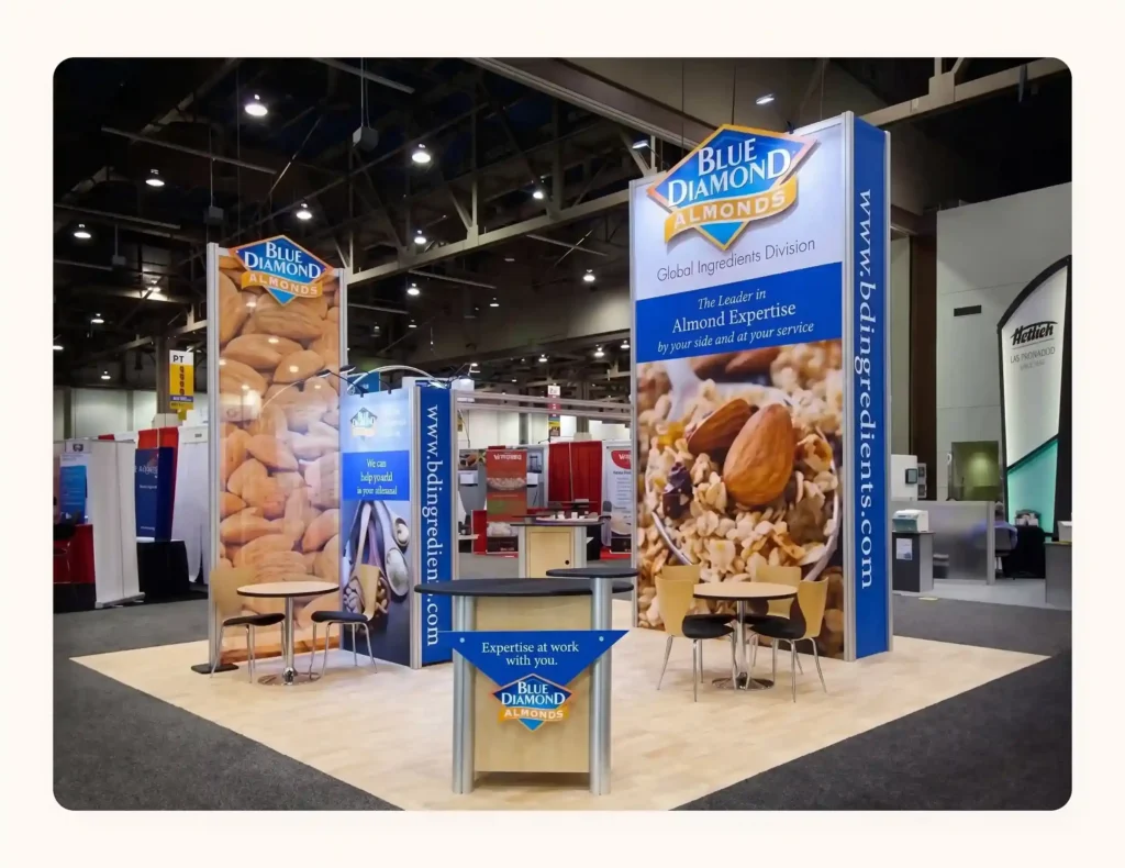 Printed booth banner with clear food brand messaging Printed booth banner with clear food brand messaging