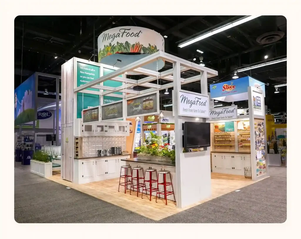 Vertical food booth structure with elevated displays Vertical food booth structure with elevated displays