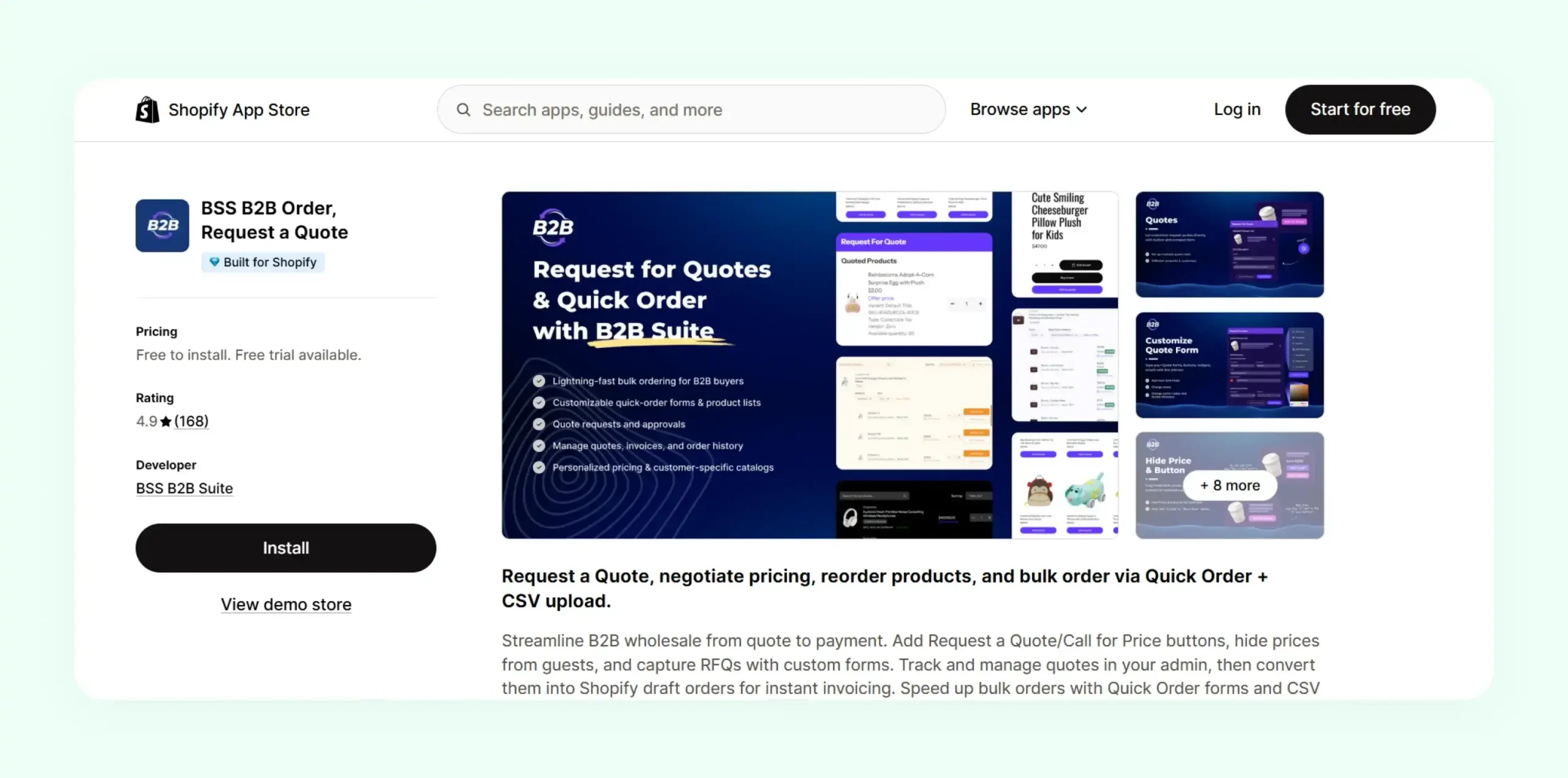 BSS B2B Quotes Shopify app showing quote management