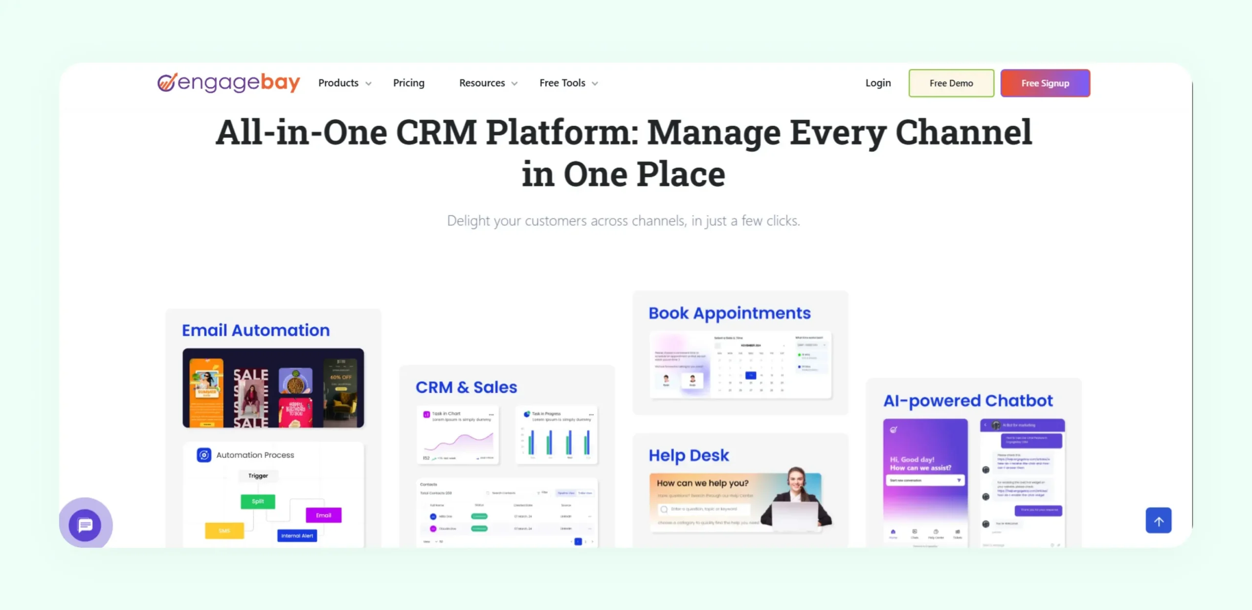 EngageBay all-in-one CRM platform showing email marketing and customer support automation tools EngageBay all-in-one CRM platform showing email marketing and customer support automation tools