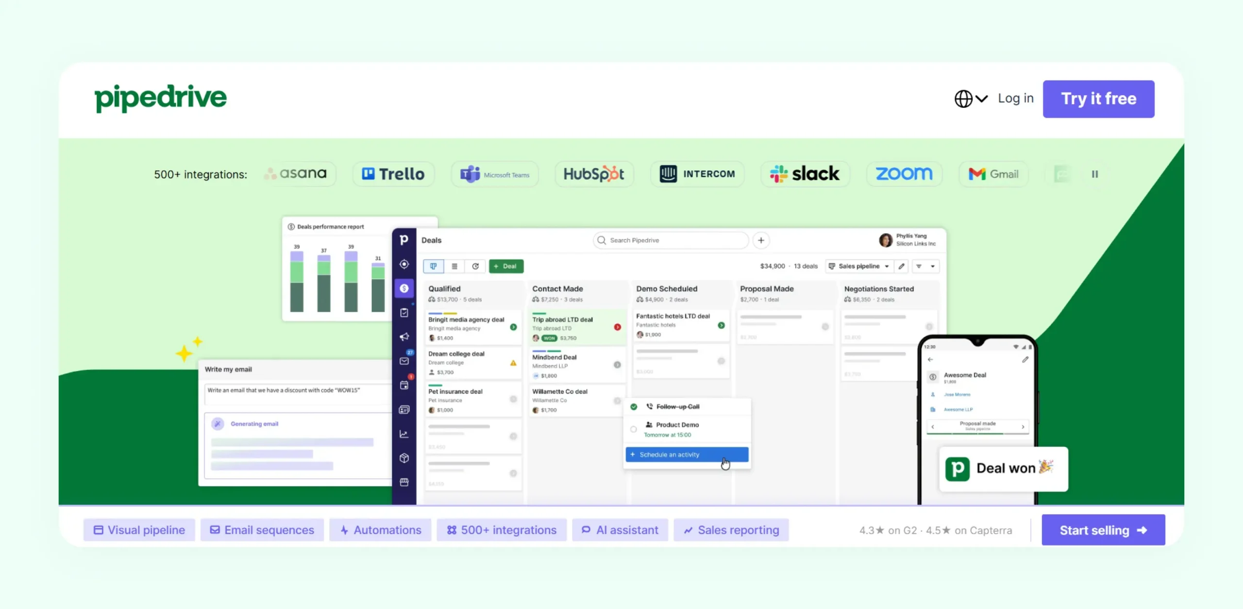 Pipedrive CRM dashboard showing visual sales pipeline and deal stages for small sales teams Pipedrive CRM dashboard showing visual sales pipeline and deal stages for small sales teams