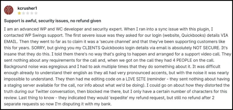 WooCommerce review highlighting issues with support and security WooCommerce review highlighting issues with support and security