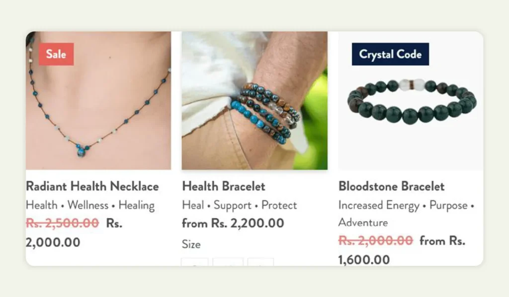 Display of various healing crystal bracelets with price tags Display of various healing crystal bracelets with price tags