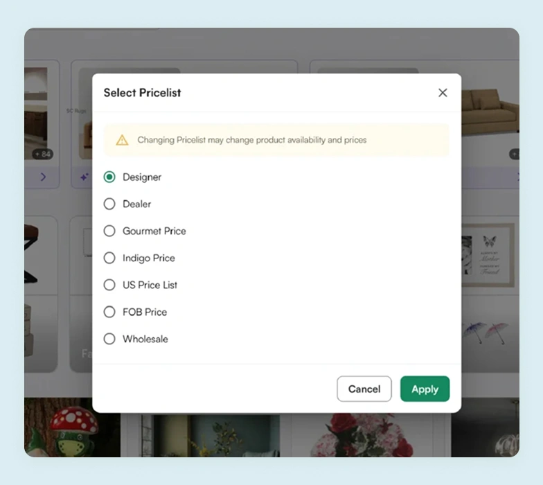 Multiple price list functionality in a B2B order-taking app