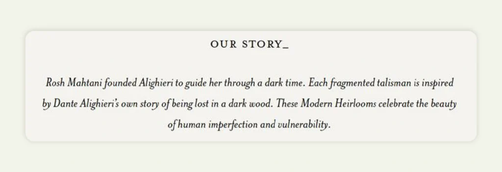 Screenshot of Alighieri website about us story section Screenshot of Alighieri website about us story section