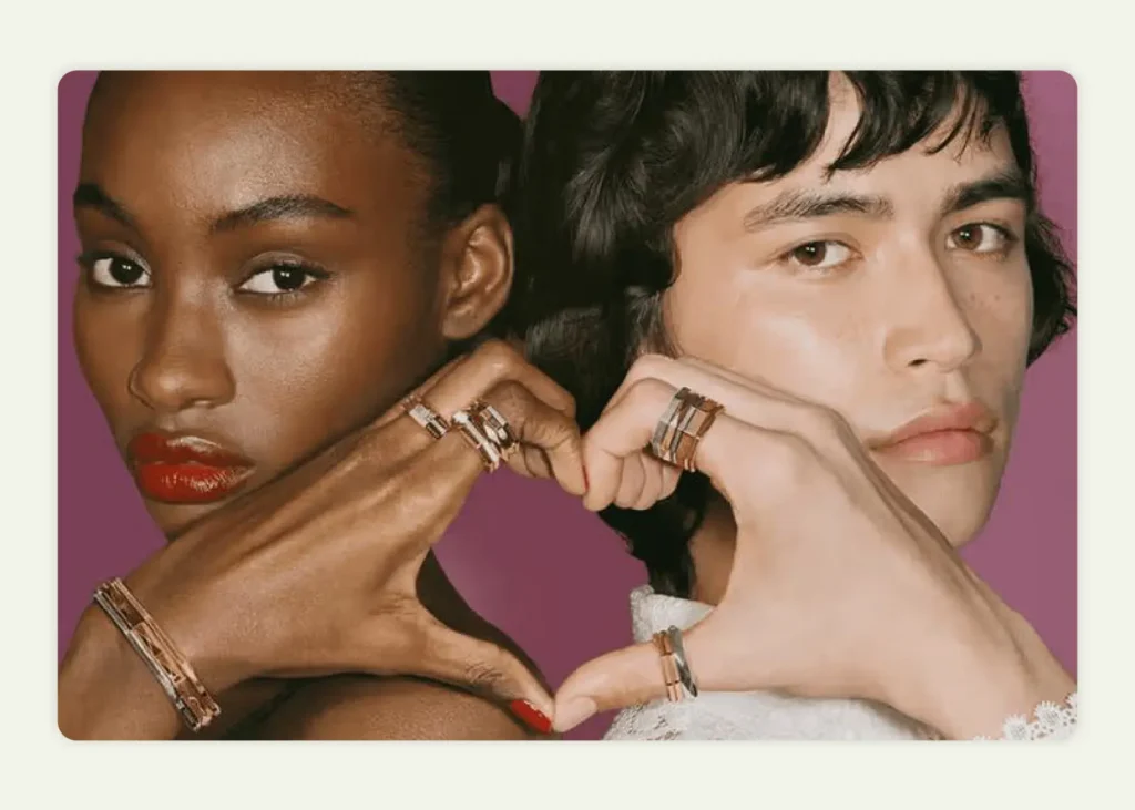 Two diverse models showcasing matching gold and silver rings Two diverse models showcasing matching gold and silver rings