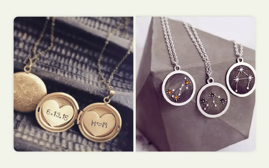 Two necklaces with personalization one using names and the other zodiac constellations Two necklaces with personalization one using names and the other zodiac constellations