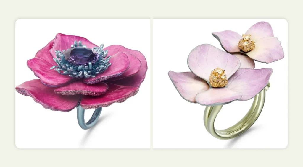 Two realistic purple flower rings with central gemstone Two realistic purple flower rings with central gemstone