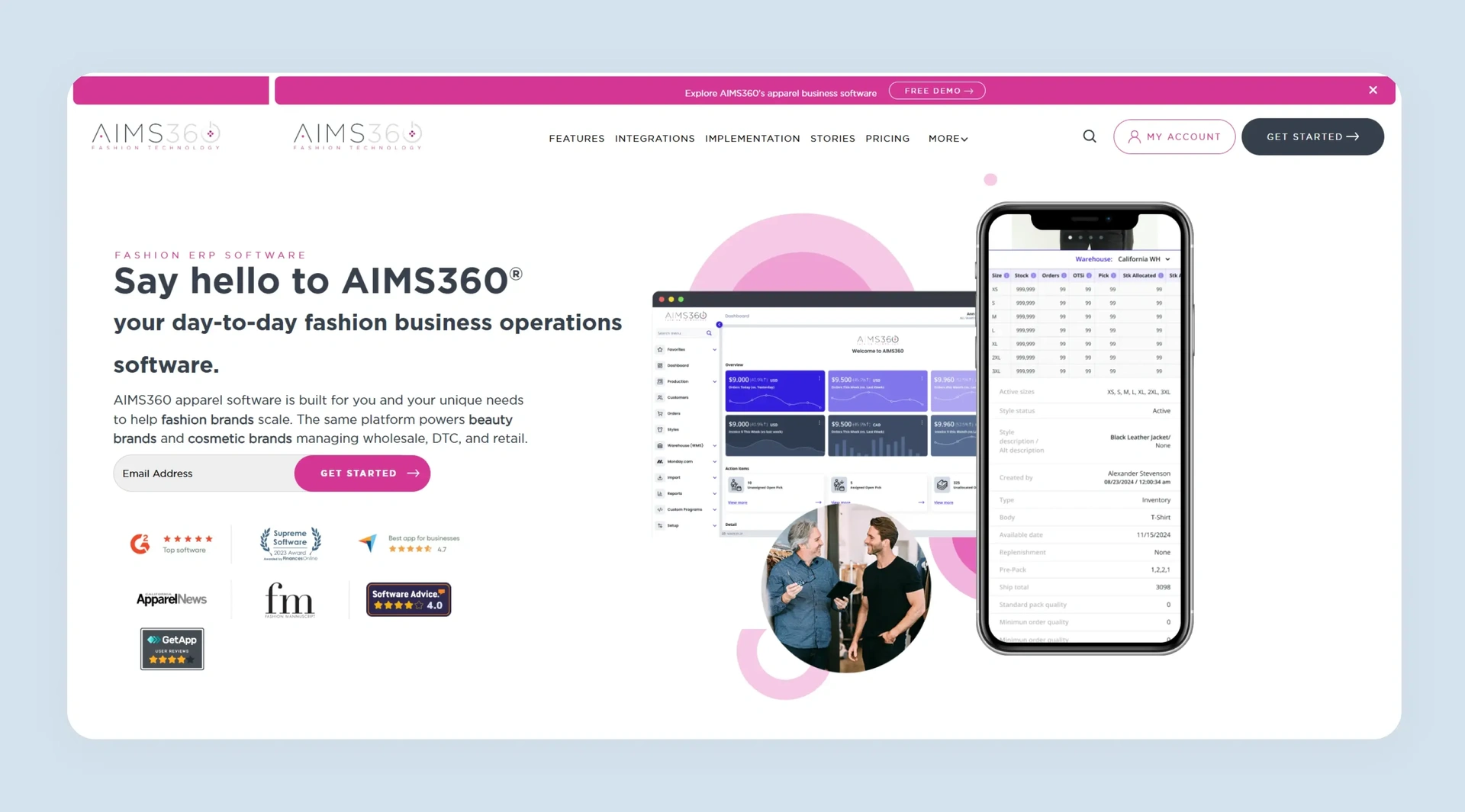 AIMS360 apparel ERP website