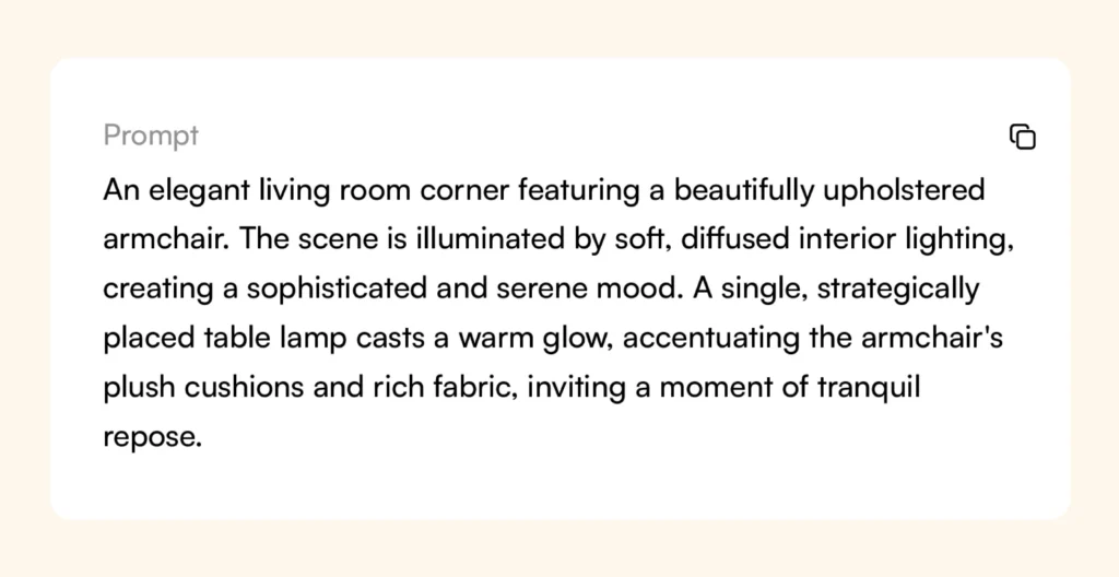 An AI prompt for generating a furniture lifestyle image in WizStudio An AI prompt for generating a furniture lifestyle image in WizStudio