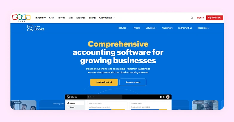 Zoho Books website interface 