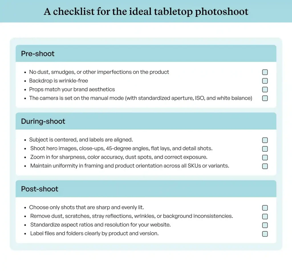 Checklist to ensure optimal tabletop photoshoot Checklist to ensure optimal tabletop photoshoot