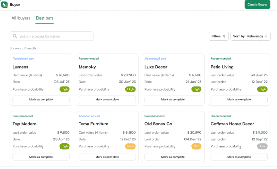 WizAI analyzes data inputs like order frequency, sample-to-order conversion timelines, quote-to-order timelines, browsing activity, and abandoned carts to help you segment customers based on buying intent and timelines.