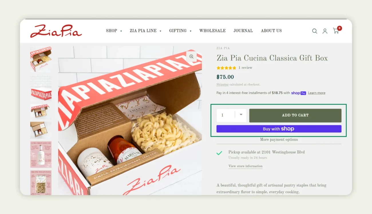 CTA on Zia Pia’s ecommerce PDP