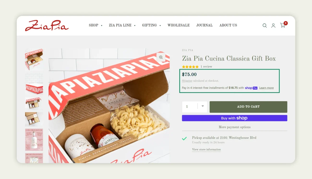 Pricing and availability displayed on Zia Pia’s ecommerce PDP&nbsp;