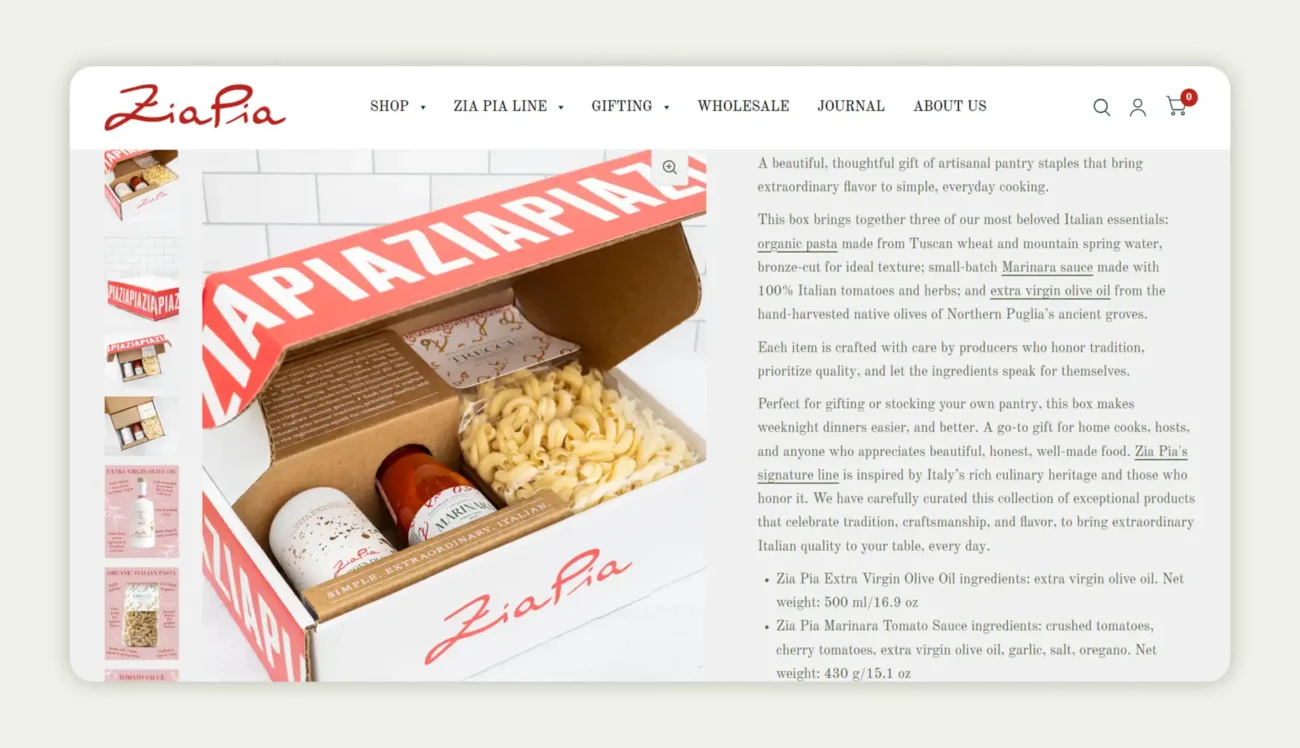 Product description displayed on Zia Pia’s ecommerce PDP