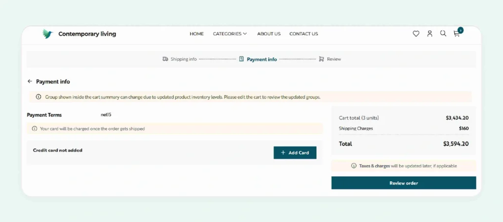 A checkout page of a B2B storefront created in WizCommerce