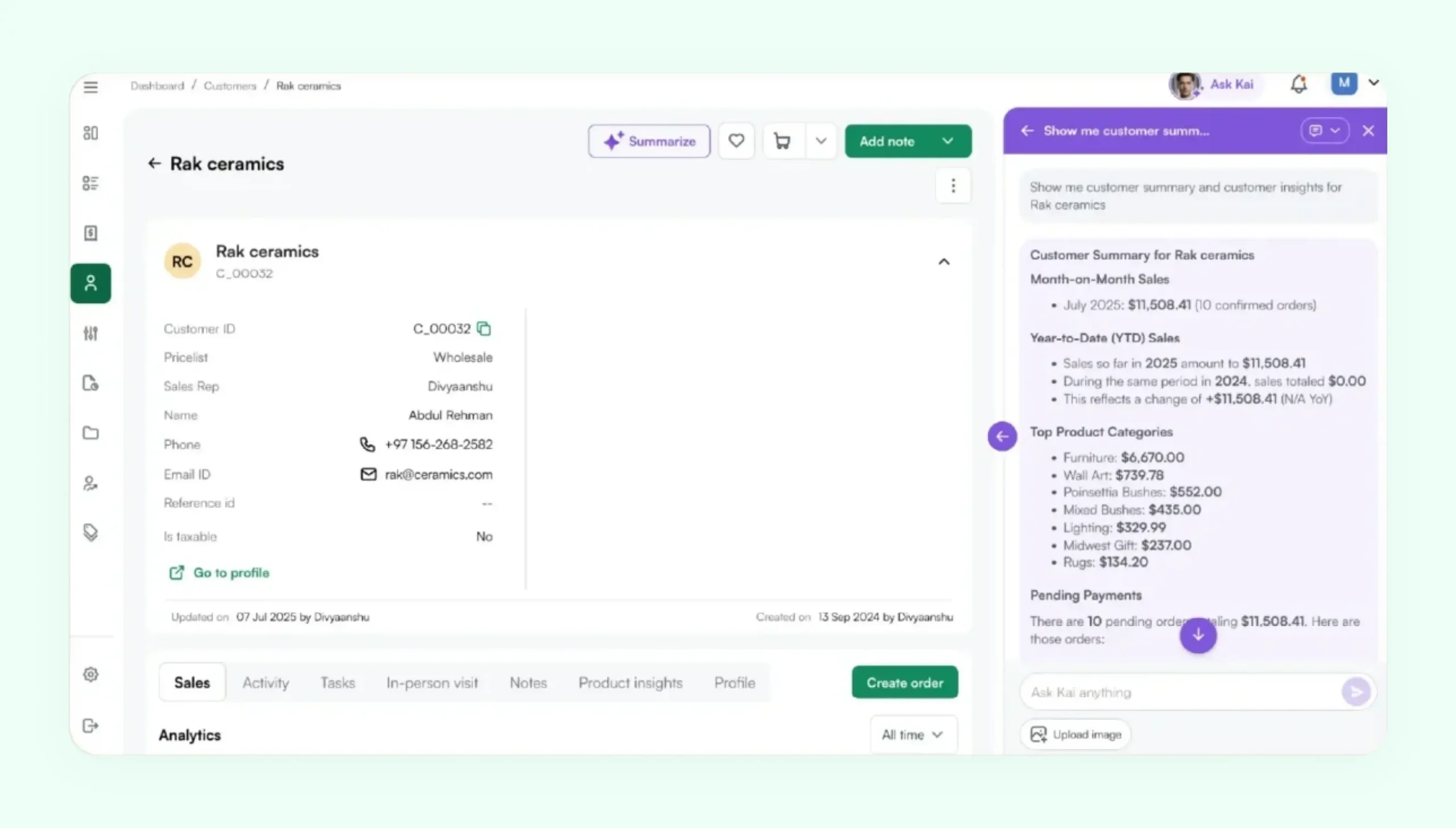 Client details and AI insights and analytics being displayed
