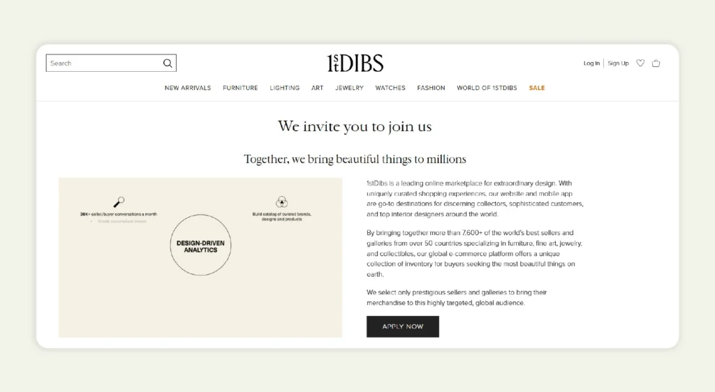 Home page of 1stDibs for sellers