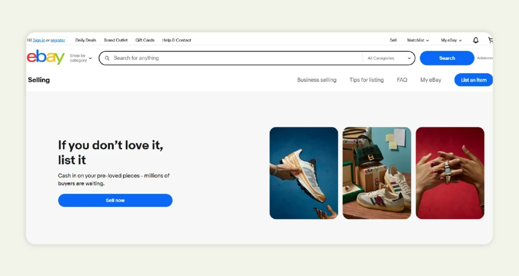 Home page of eBay selling