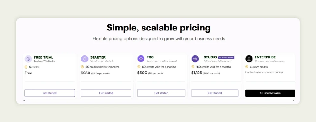 Pricing plans of WizStudio
