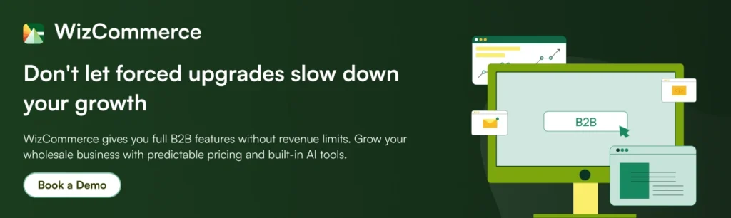WizCommerce B2B platform with no revenue-based pricing thresholds