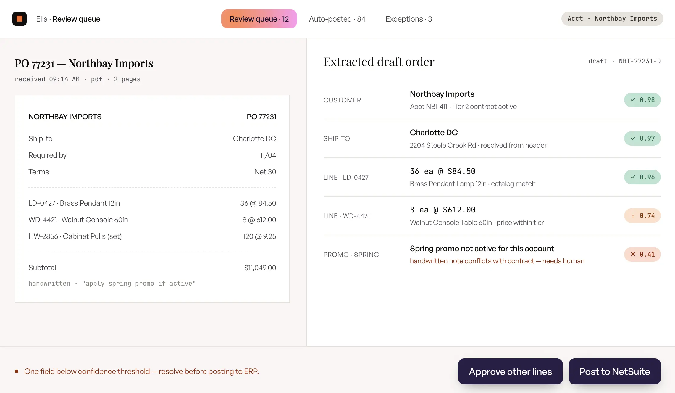AI order entry software with confidence-score-driven review