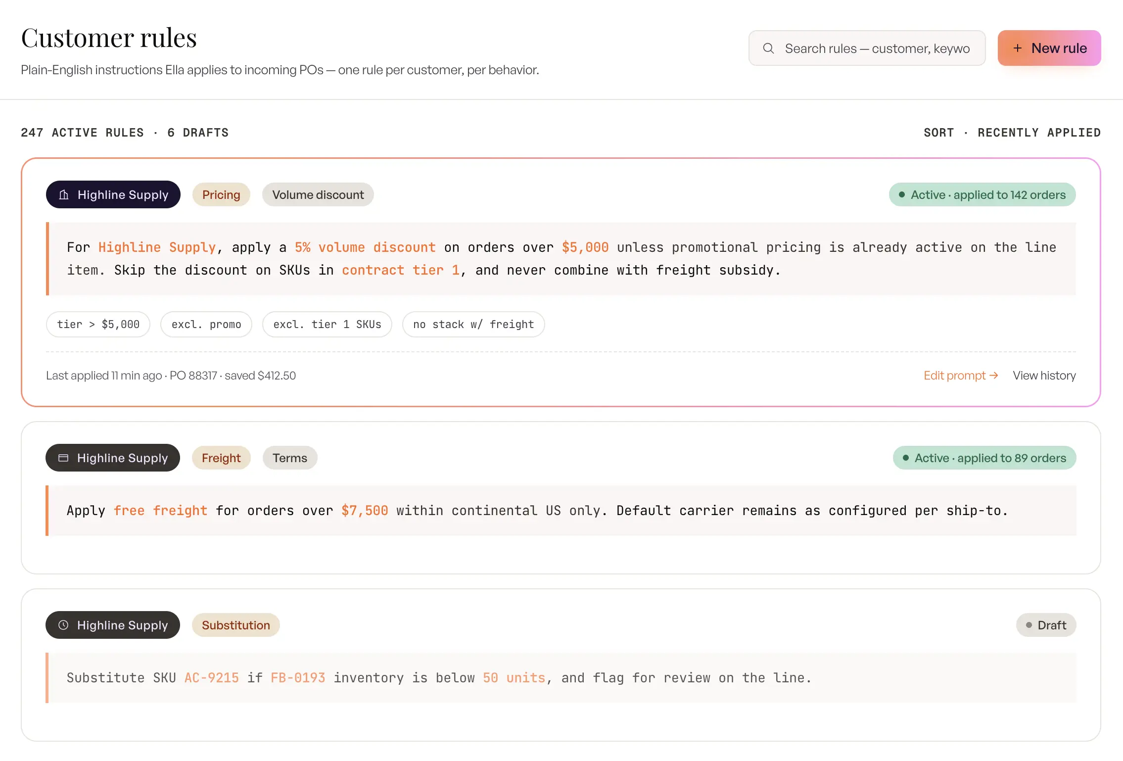 customer-specific rules through prompts in AI ordering system