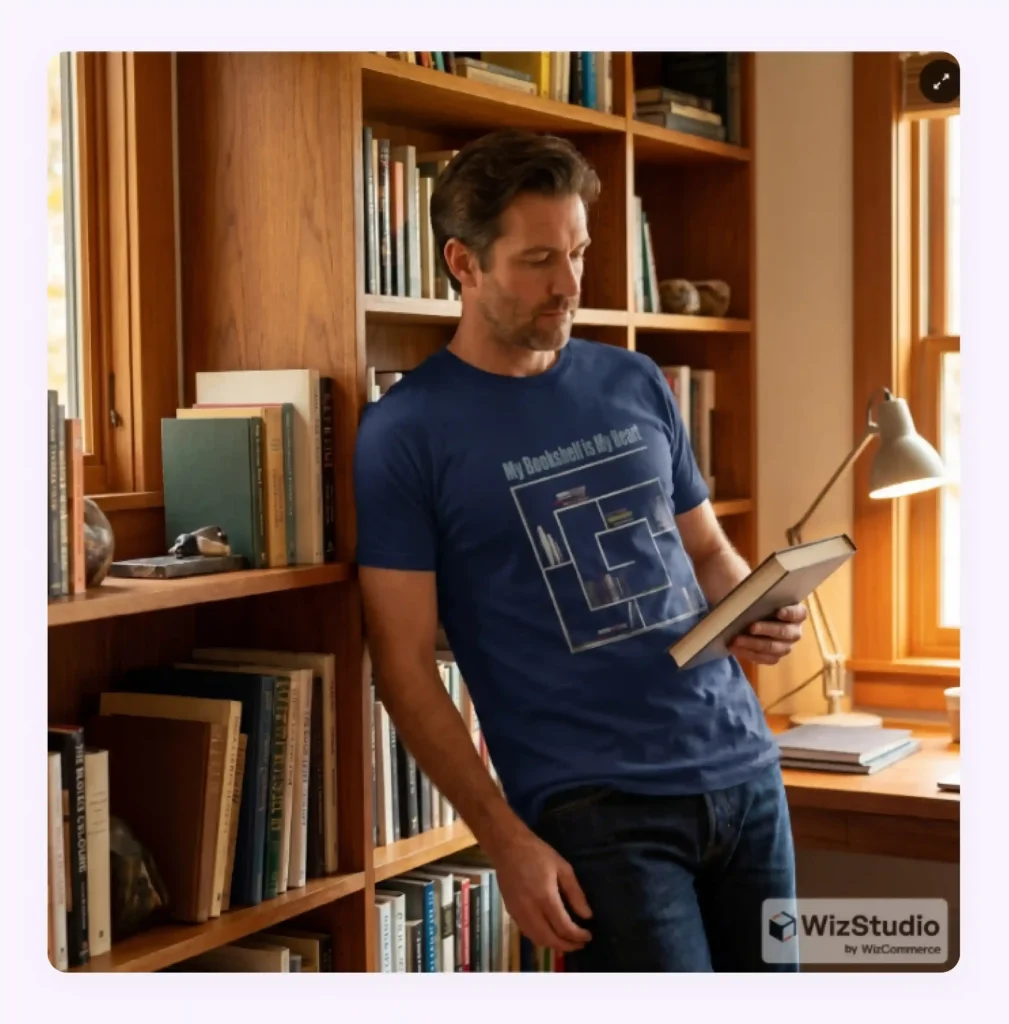 A lifestyle photograph of a model wearing a navy blue t-shirt and jeans A lifestyle photograph of a model wearing a navy blue t-shirt and jeans