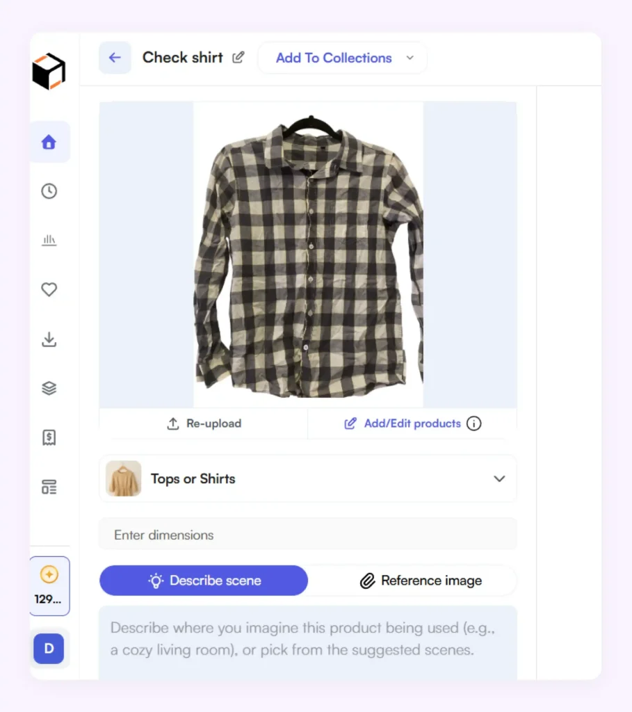 Uploading the checked shirt in WizStudio AI photography platform Uploading the checked shirt in WizStudio AI photography platform