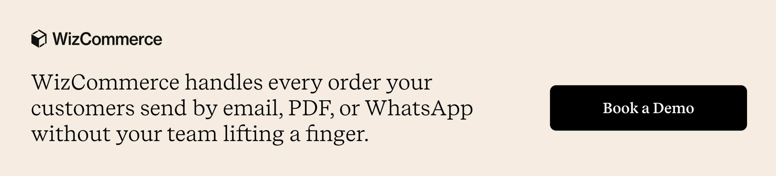 WizCommerce banner offers automated order capture across email, PDF, and WhatsApp for wholesale and distribution teams