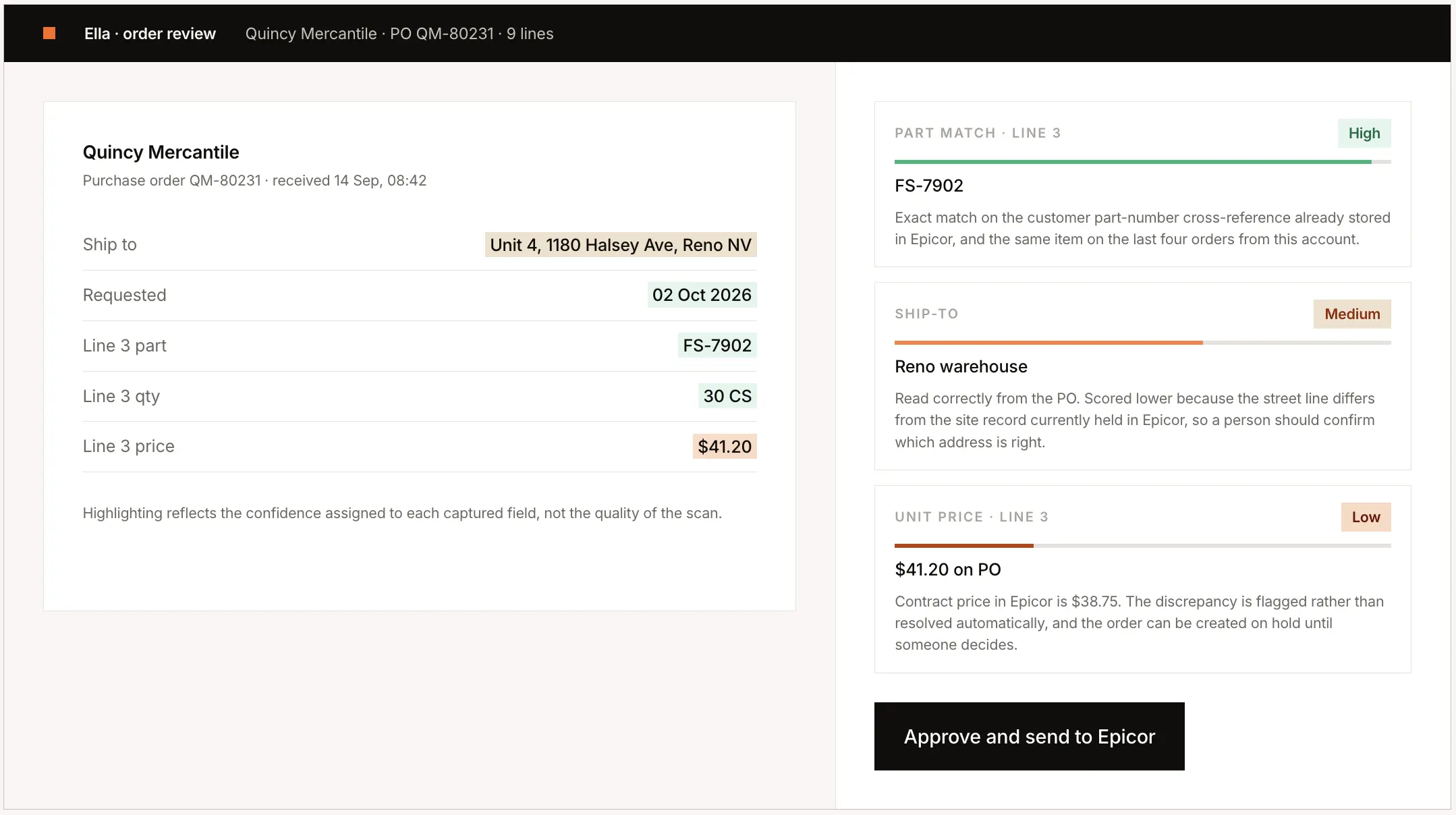 AI order entry confidence score